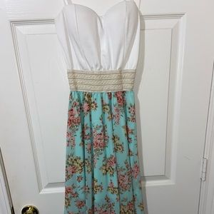 White and Turquoise Floral Strapless Dress